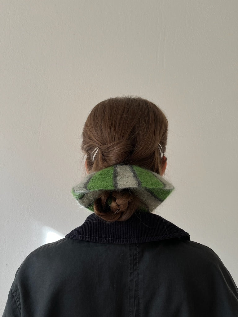 mohair hair tie in pea green, sage and gray
