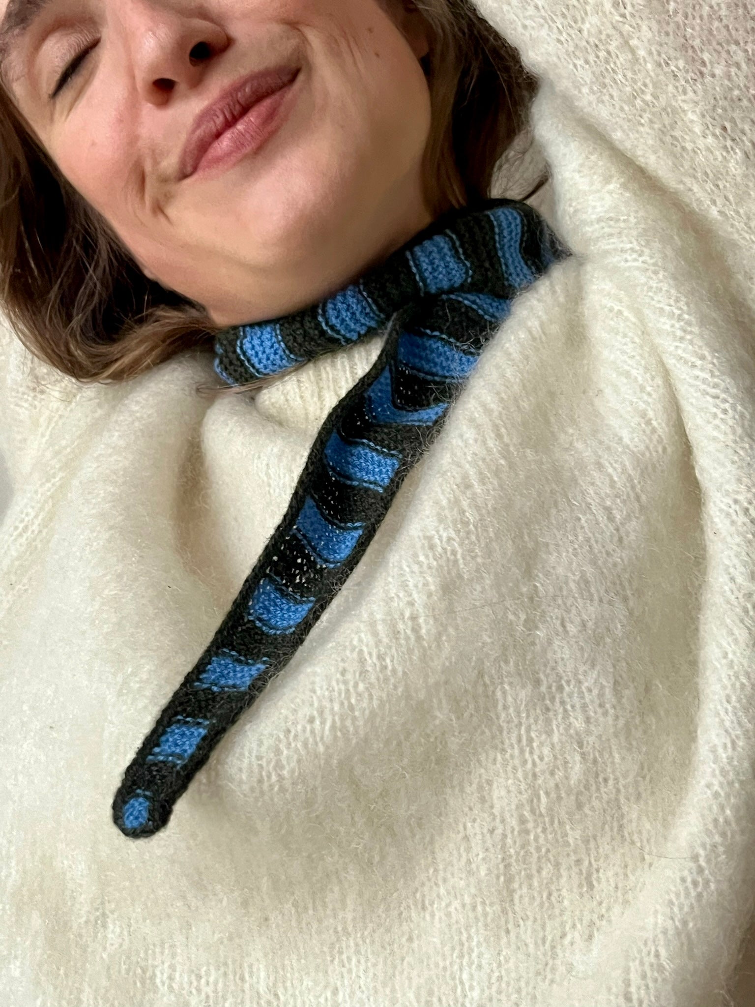 striped scarf in poppy blue and army green