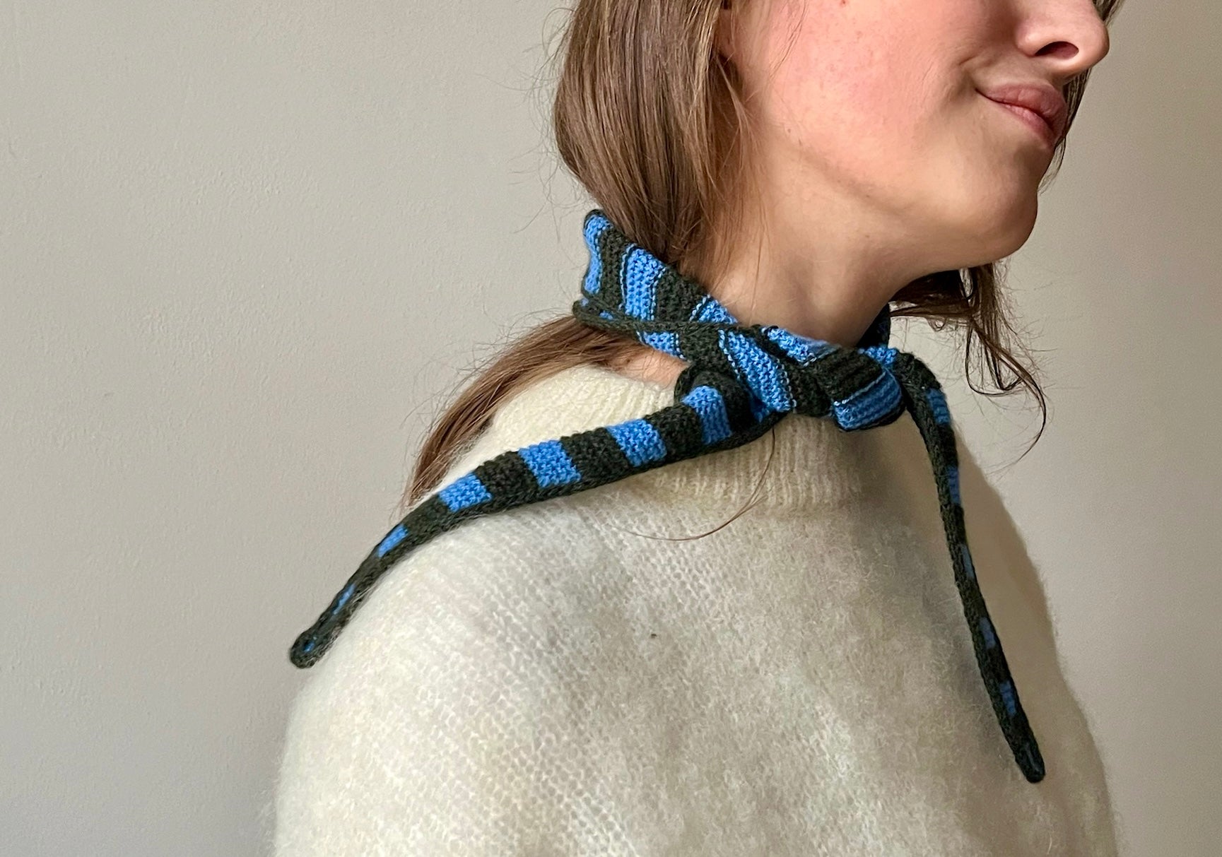 striped scarf in poppy blue and army green