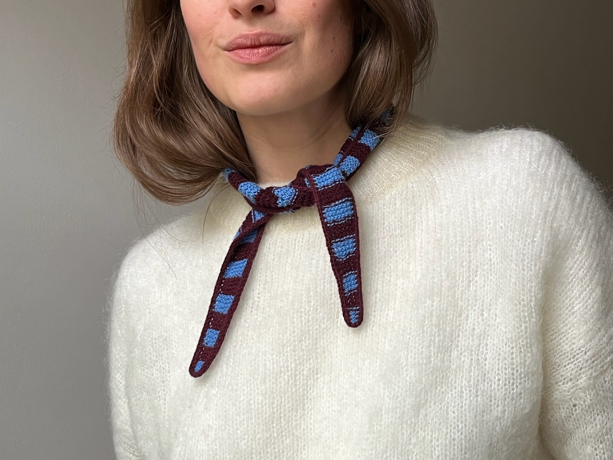 striped scarf in poppy blue and burgundy