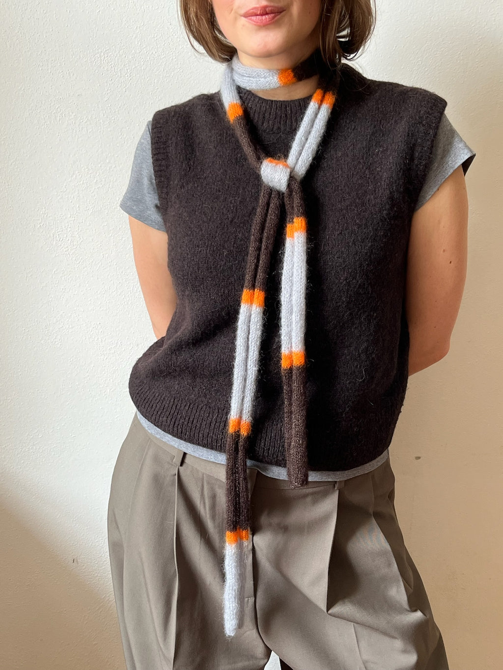 tiny mohair scarf in brown, soft blue and orange
