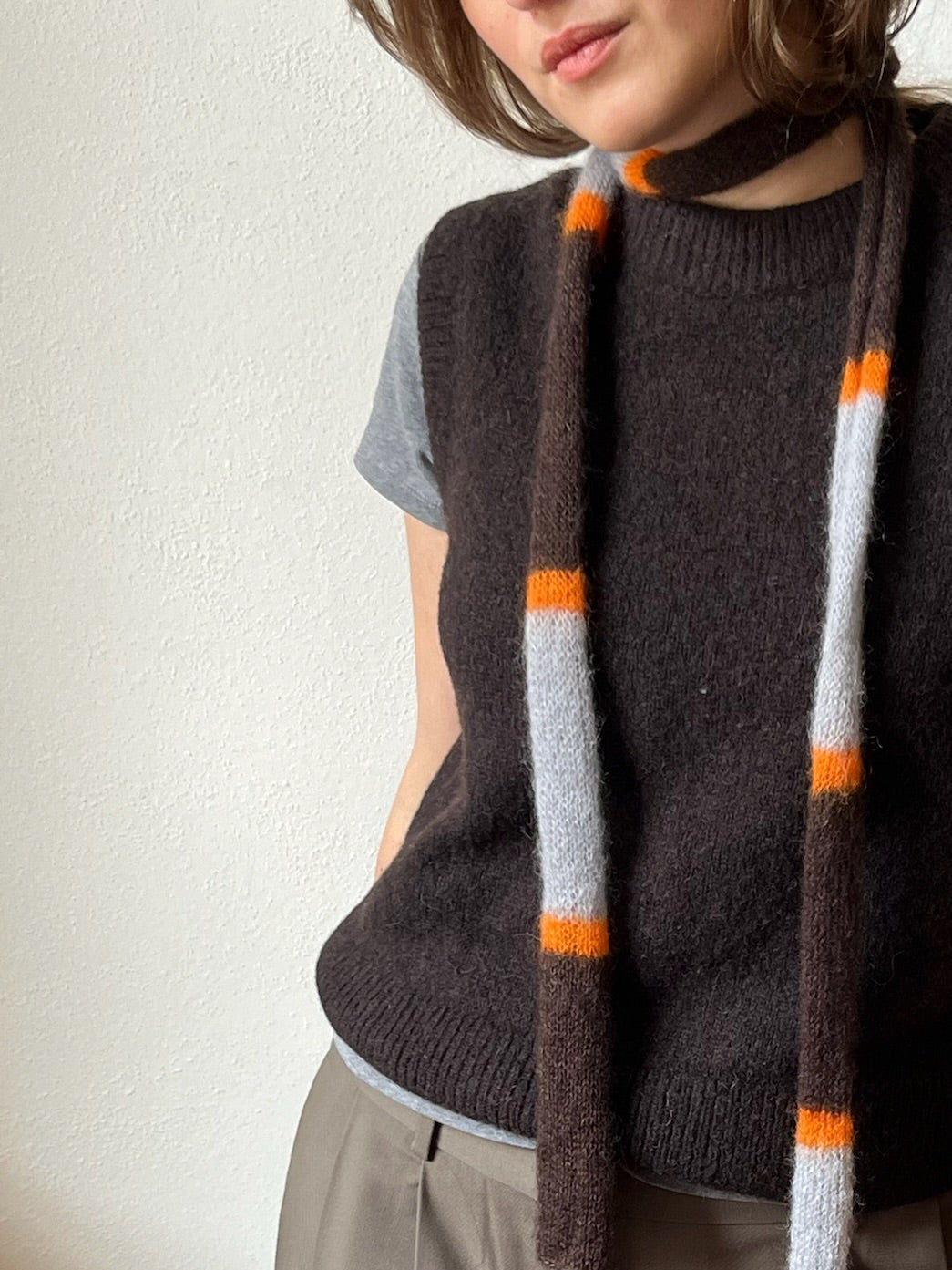 tiny mohair scarf in brown, soft blue and orange
