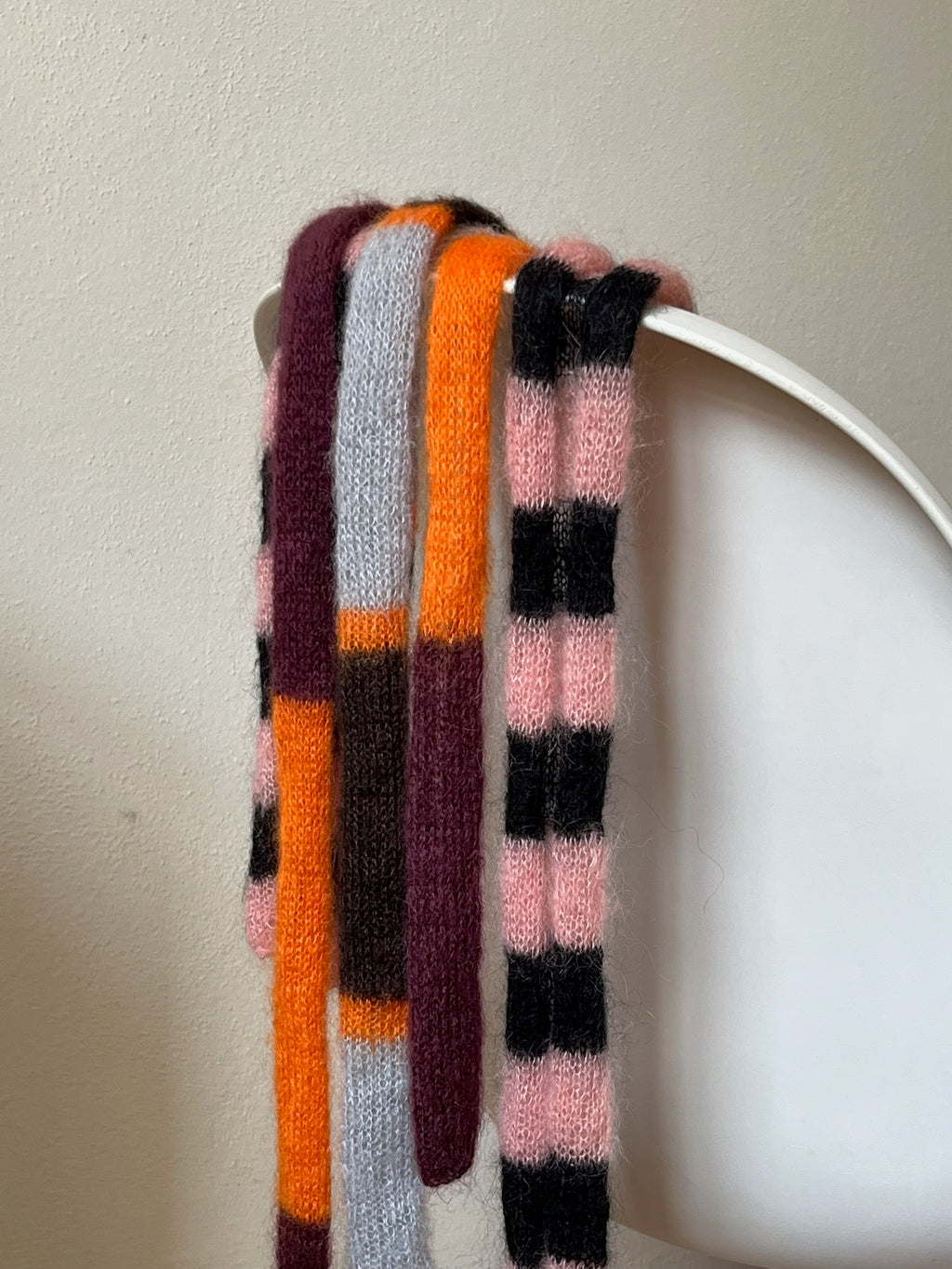 tiny mohair scarf in brown, soft blue and orange