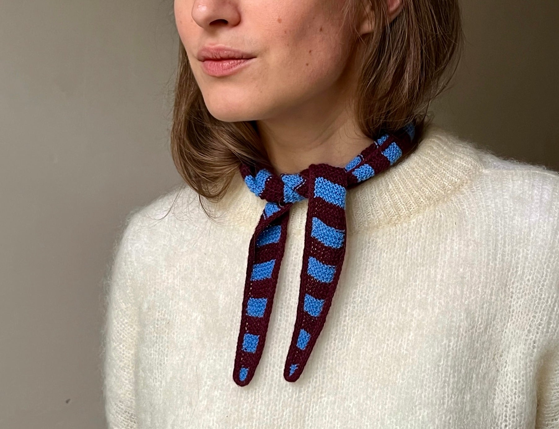 striped scarf in poppy blue and burgundy